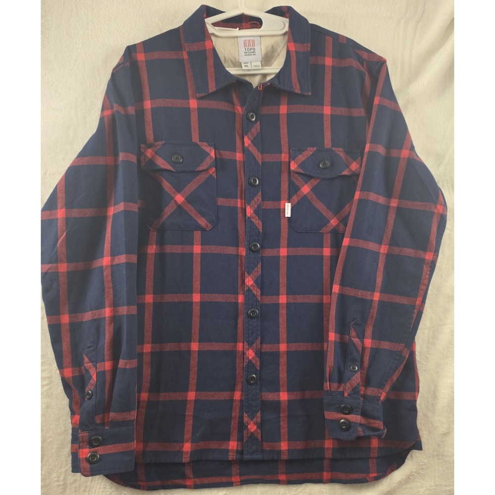 Topo Designs Men's XL Flannel Shirt Navy Red Plaid Button Up Outdoor Hiking